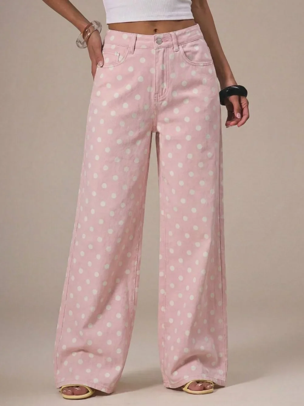 Pink Casual Women's Polka DotDenim Straight Leg Mid Rise Jeans - Picture 1 of 5